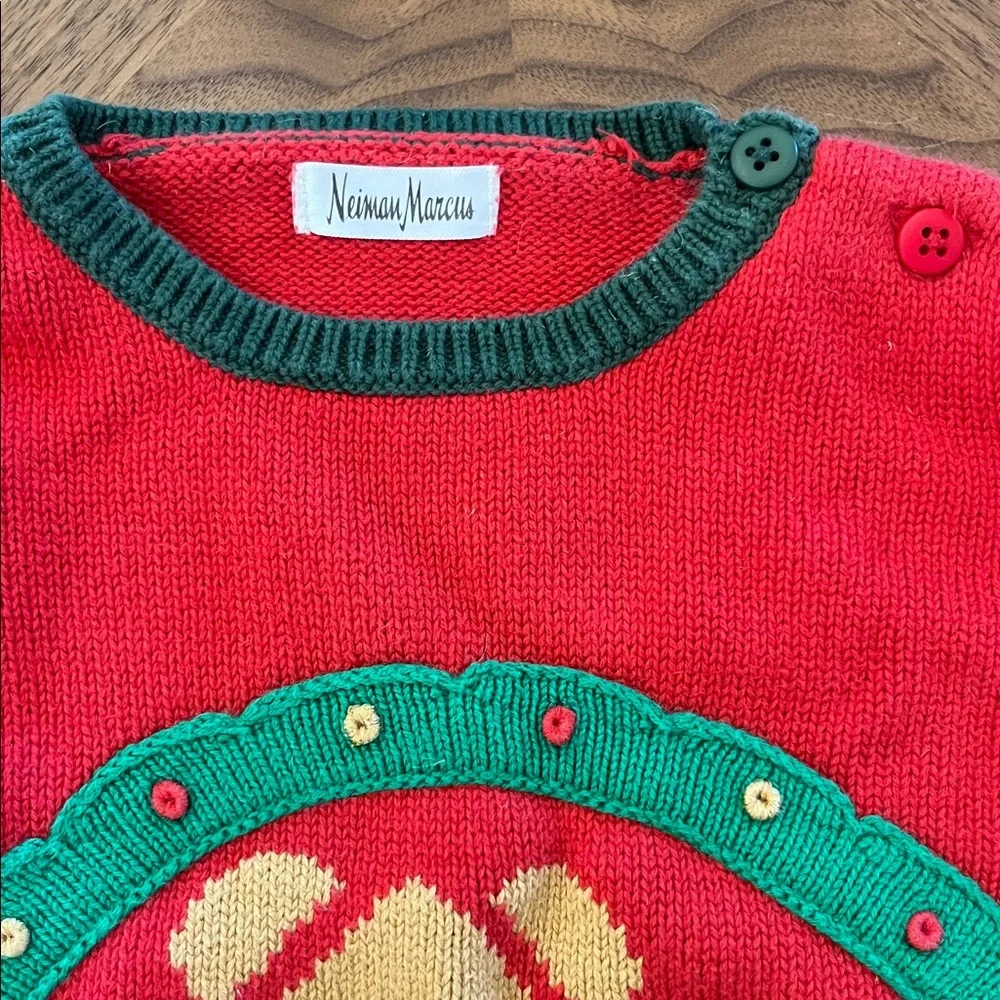 Nieman Marcus Red Christmas Holiday Sweater with Tiger in Wreath Cotton 2/3
